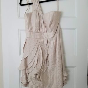 One-Shoulder Ruffle Dress, Beige/Gold, LIKE NEW